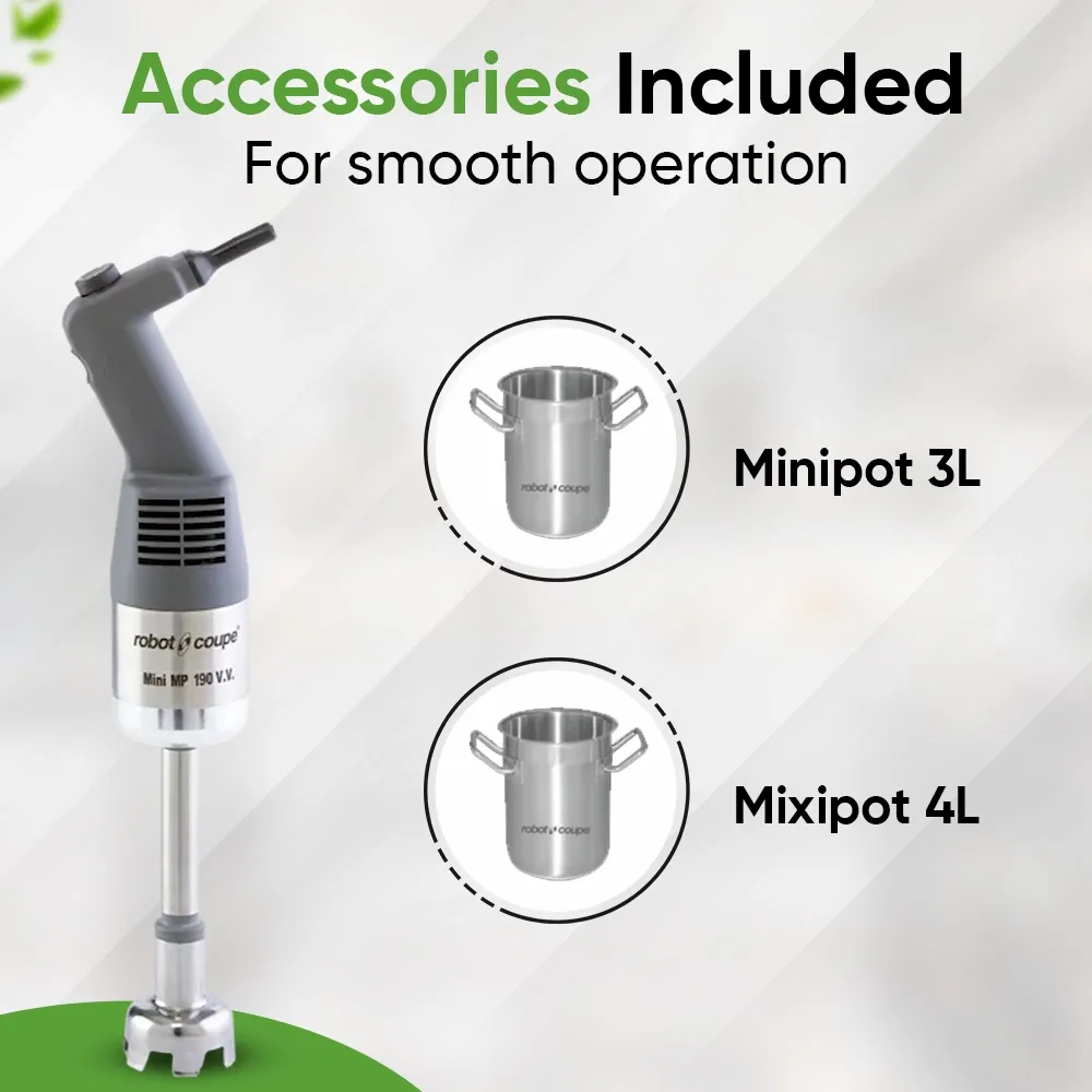 Robot Coupe mini combi blender with whisk for small batch sauces, dressings, and purees in mobile or space-limited commercial kitchens.