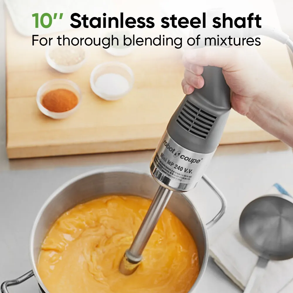 Robot Coupe mini combi blender with whisk for quick blending tasks on the go, ideal for catering events and mobile professional kitchens.