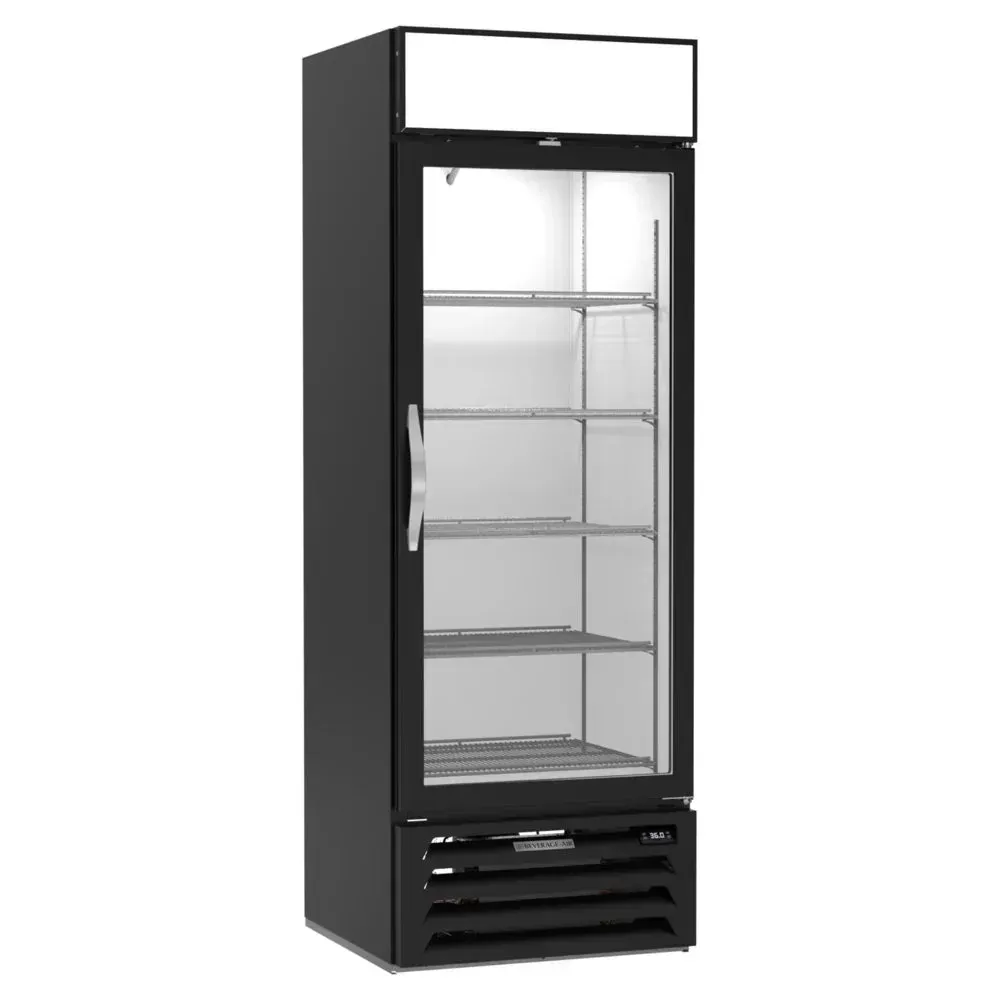 Beverage-Air black glass door merchandiser with sleek design and empty shelves, suitable for mid-sized commercial or retail environments.