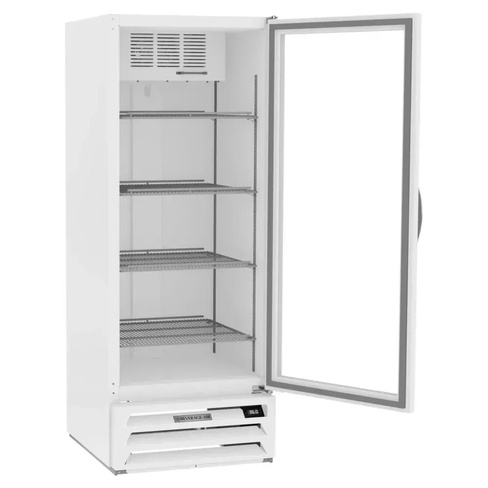 Beverage-Air white glass door merchandiser, empty interior ideal for medium-sized retail setups to showcase chilled products efficiently.