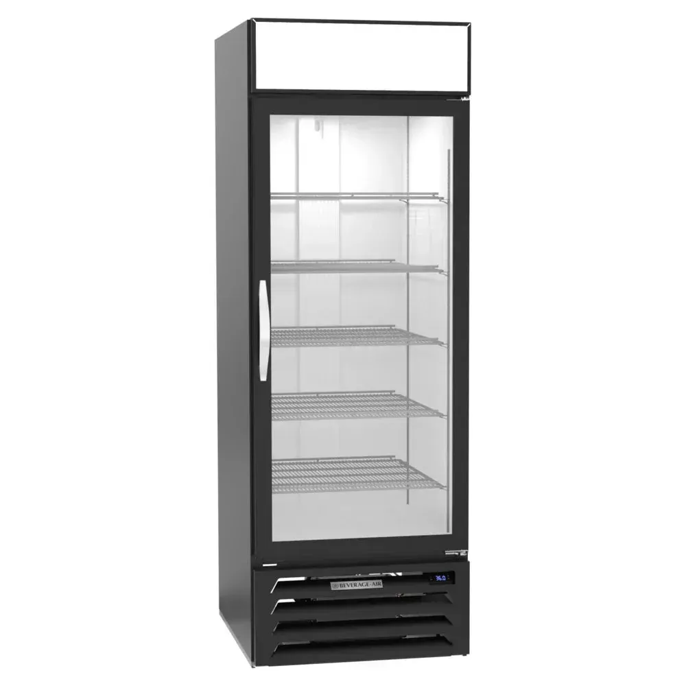 Beverage-Air black glass door wine refrigerator with empty shelves, offering sleek, compact, and secure storage for wine enthusiasts.