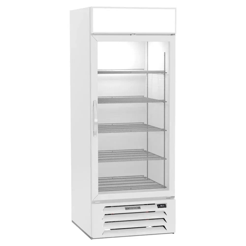 Beverage-Air white glass door wine refrigerator, compact design, perfect for wine storage and display in homes, bars, or retail.