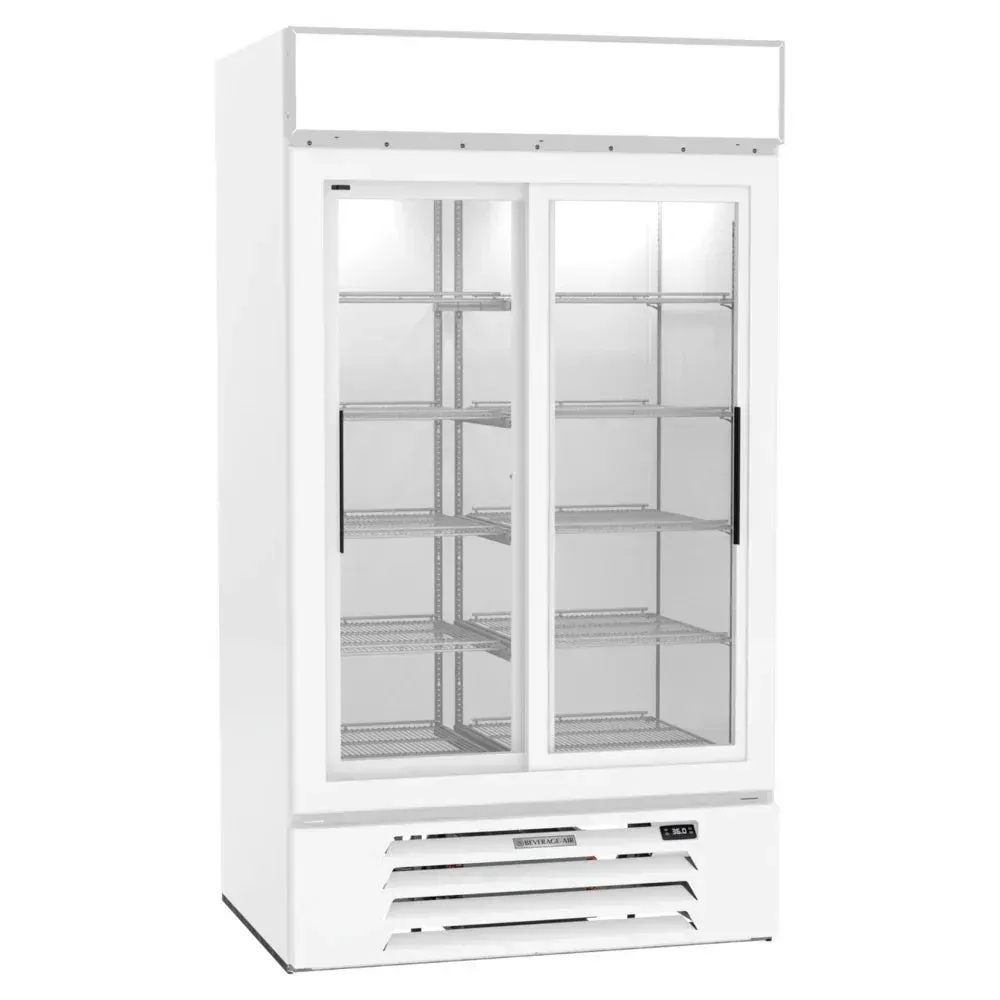 Beverage-Air white two-section glass door merchandiser with spacious interior, retail-friendly design for chilled product display.