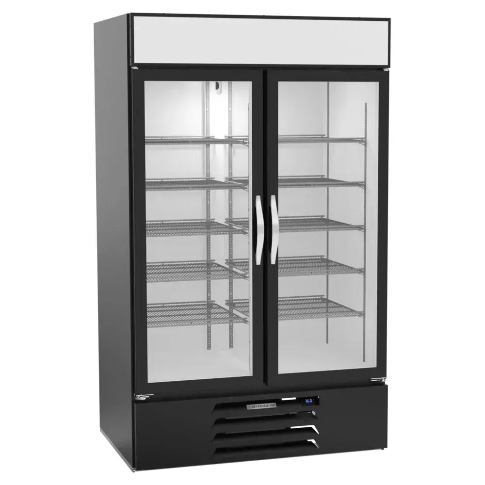 Beverage-Air black two-section glass door merchandiser refrigerator offering ample, reliable storage for bustling retail or foodservice operations.