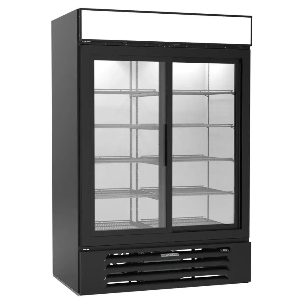 Beverage-Air black two-section glass door merchandiser refrigerator with ample storage, built for commercial settings needing reliable cold storage.