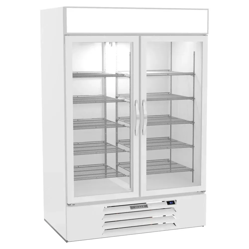 Beverage-Air mid-size white glass door wine cooler with soft LED light, neatly arranged racks, perfect for modern kitchen storage.