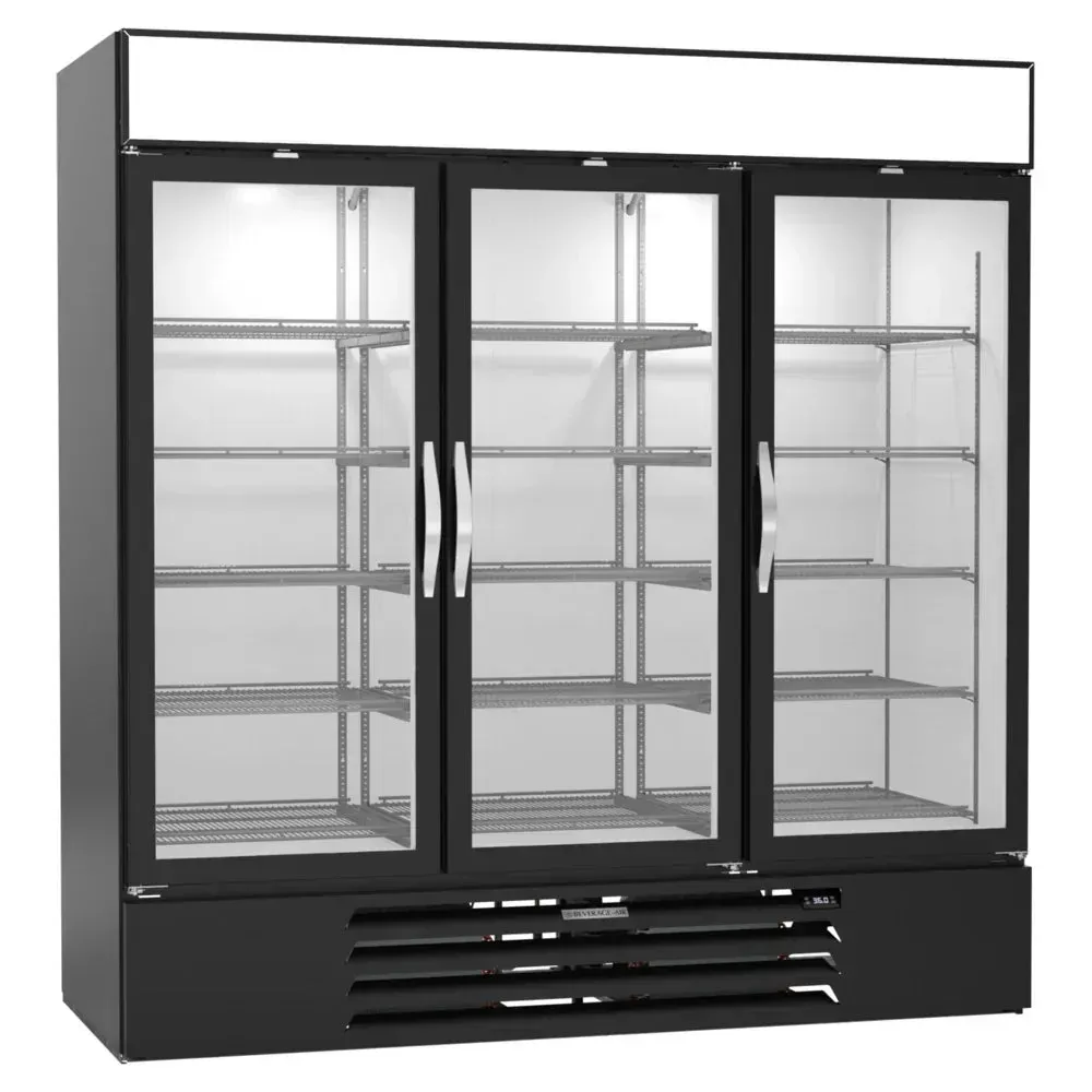 Beverage-Air tall black glass door wine cooler, soft LED-lit interior displays neatly arranged bottles on organized horizontal racks in kitchen.