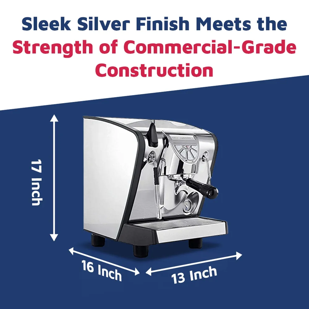 Nuova Simonelli elegant stainless espresso machine with backlit buttons and chrome accents on wood counter creates café-style crema and rich coffee.