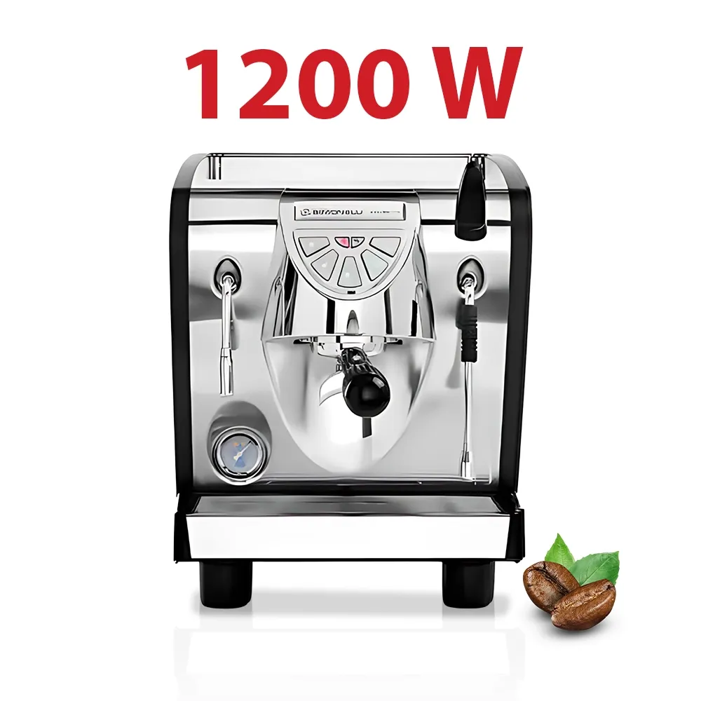 Nuova Simonelli elegant stainless espresso machine with backlit buttons and chrome accents on wood counter creates café-style crema and rich coffee.