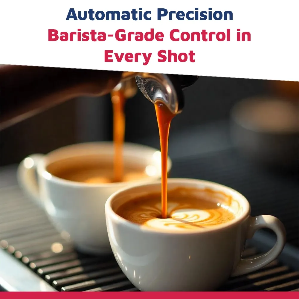 Nuova Simonelli compact espresso machine in brushed metal with touch panel and lit brew group sits on marble counter with cups ready to brew.