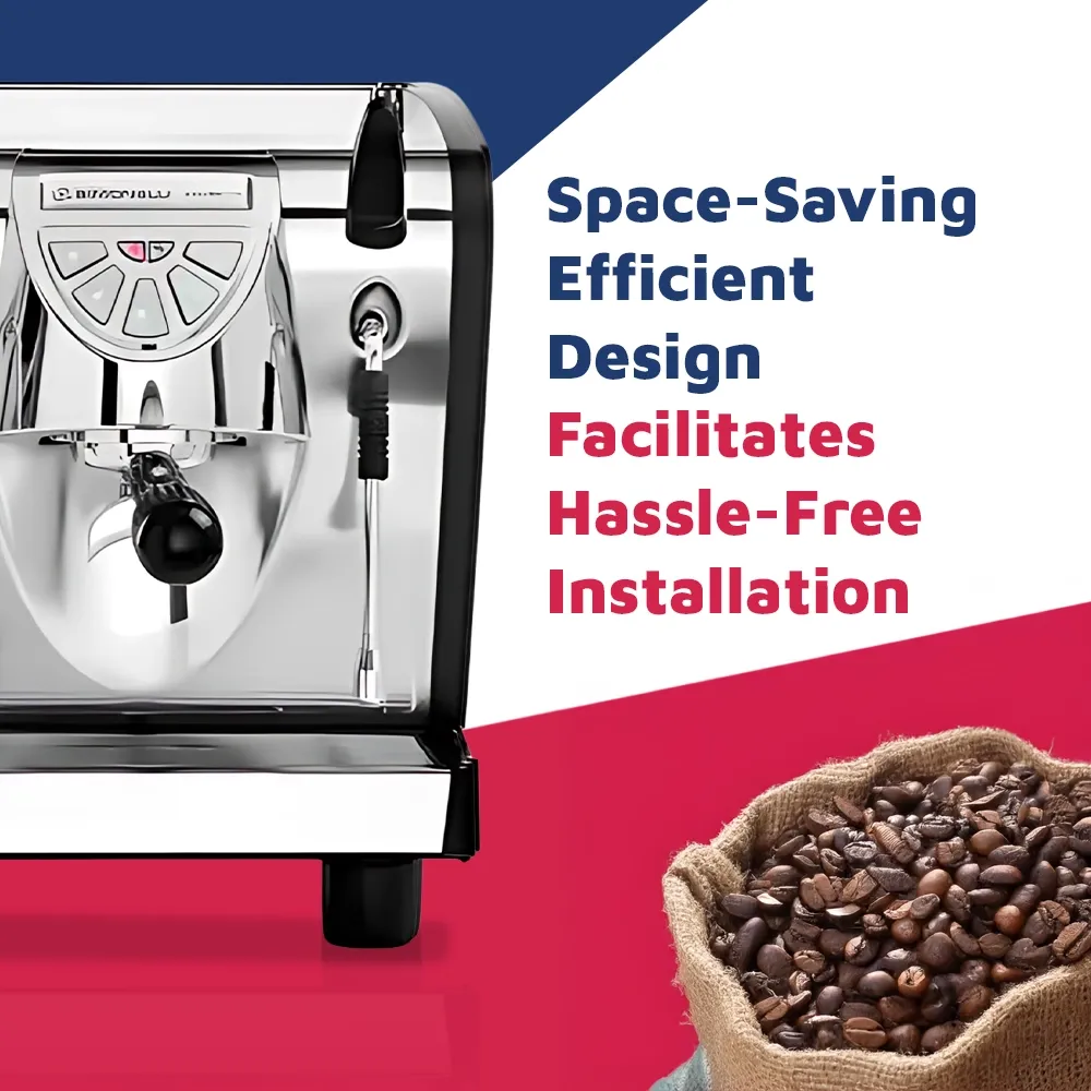 Nuova Simonelli compact espresso machine in brushed metal with touch panel and lit brew group sits on marble counter with cups ready to brew.