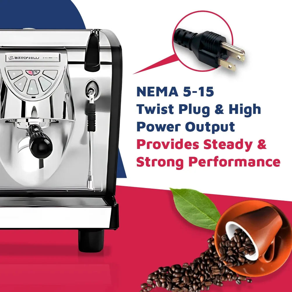 Nuova Simonelli compact espresso machine in brushed metal with touch panel and lit brew group sits on marble counter with cups ready to brew.