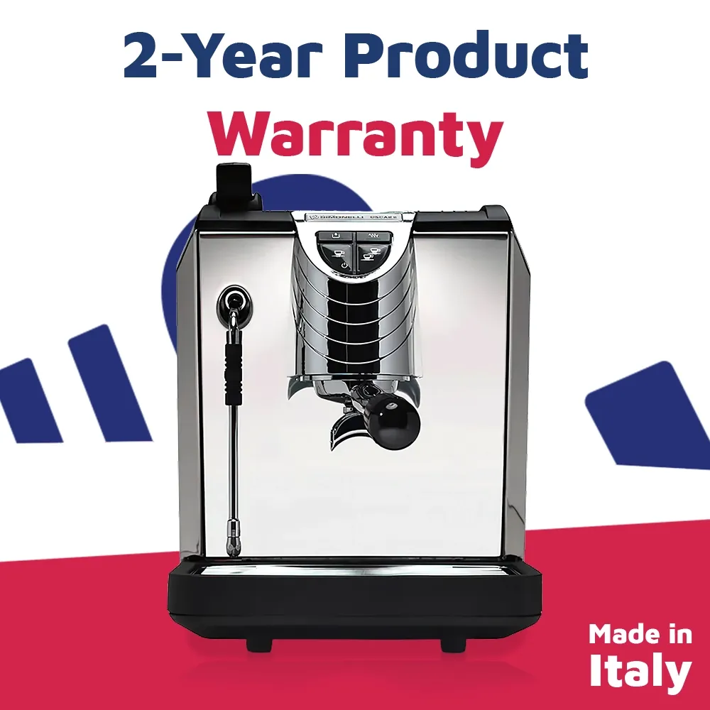 Nuova Simonelli direct-connect espresso machine in glossy black with stainless accents placed on a sleek café counter in a modern coffee setup.