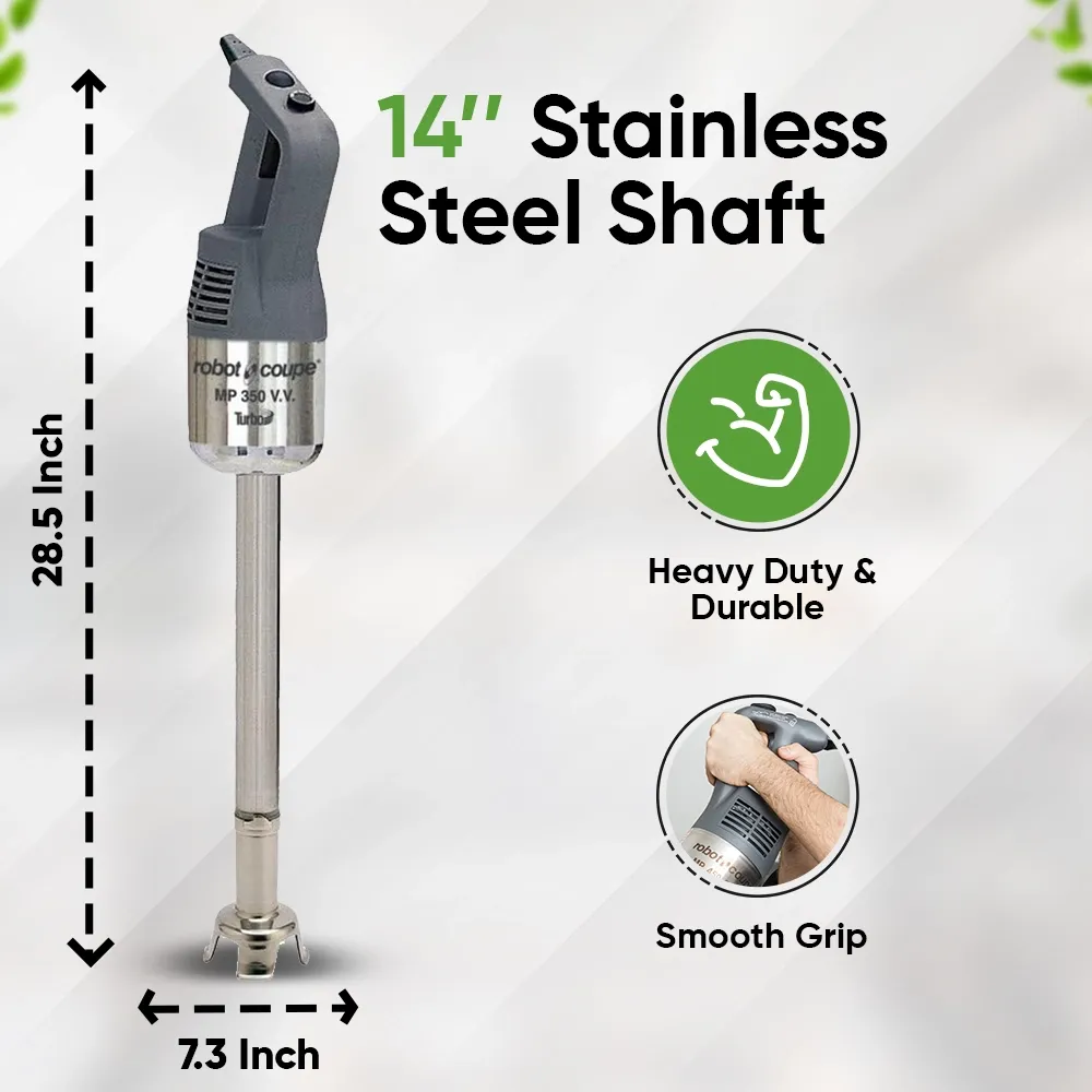 Robot Coupe Turbo VV immersion blender with 14 cm shaft and variable speed for delicate emulsions or heavy-duty prep in commercial kitchens.