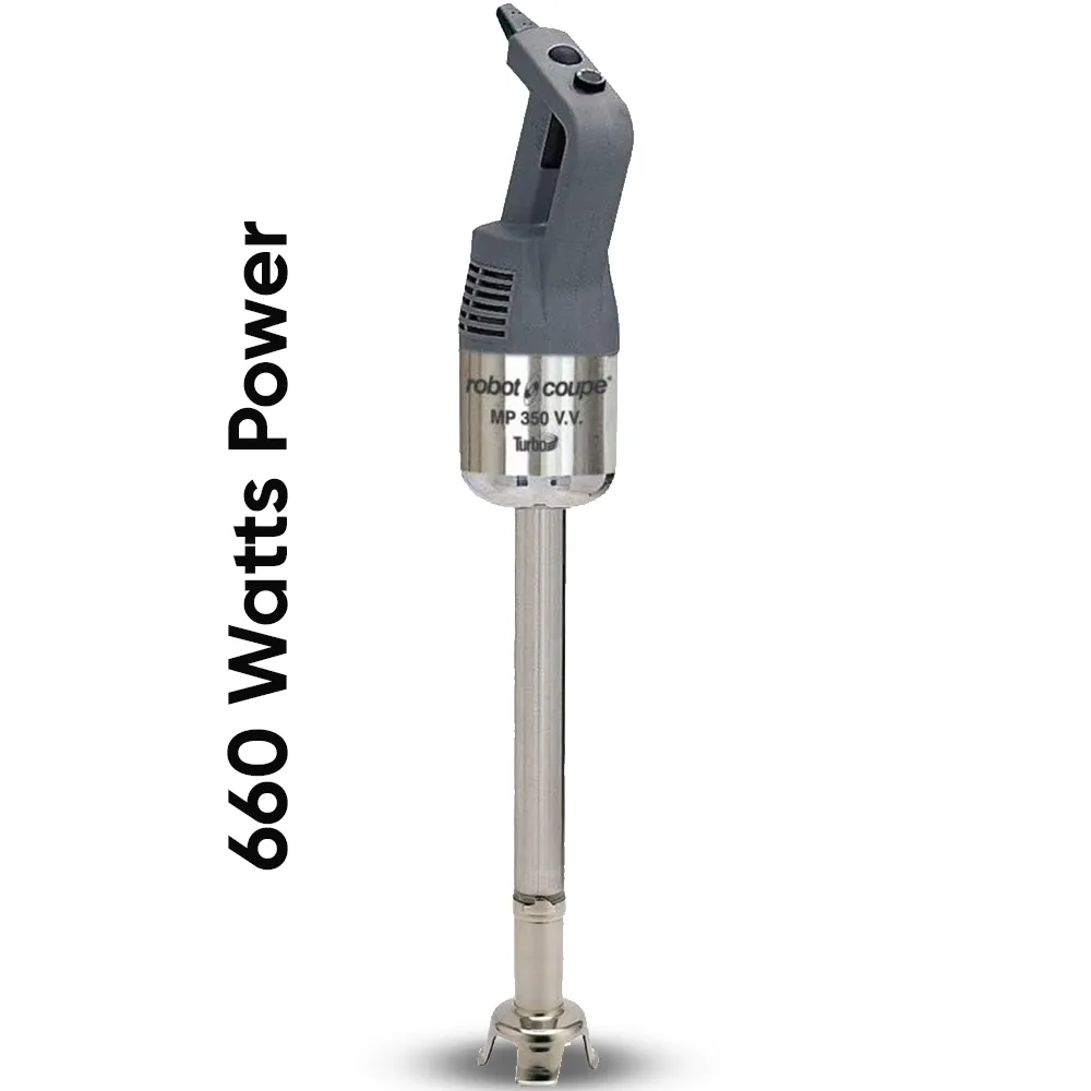 Robot Coupe Turbo VV immersion blender with 14 cm shaft and variable speed for delicate emulsions or heavy-duty prep in commercial kitchens.
