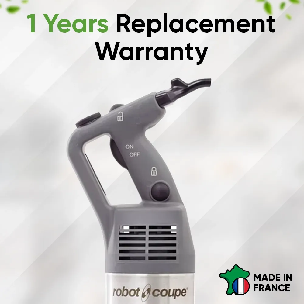 Robot Coupe compact stainless immersion blender for emulsifying sauces, soups, and dressings in cafes, restaurants, and hospitality kitchens.