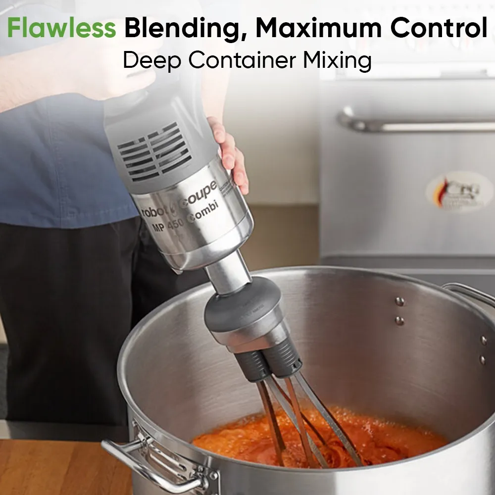 Robot Coupe combi turbo immersion blender with whisk and chopper attachments for versatile blending, chopping, and whisking in kitchens.