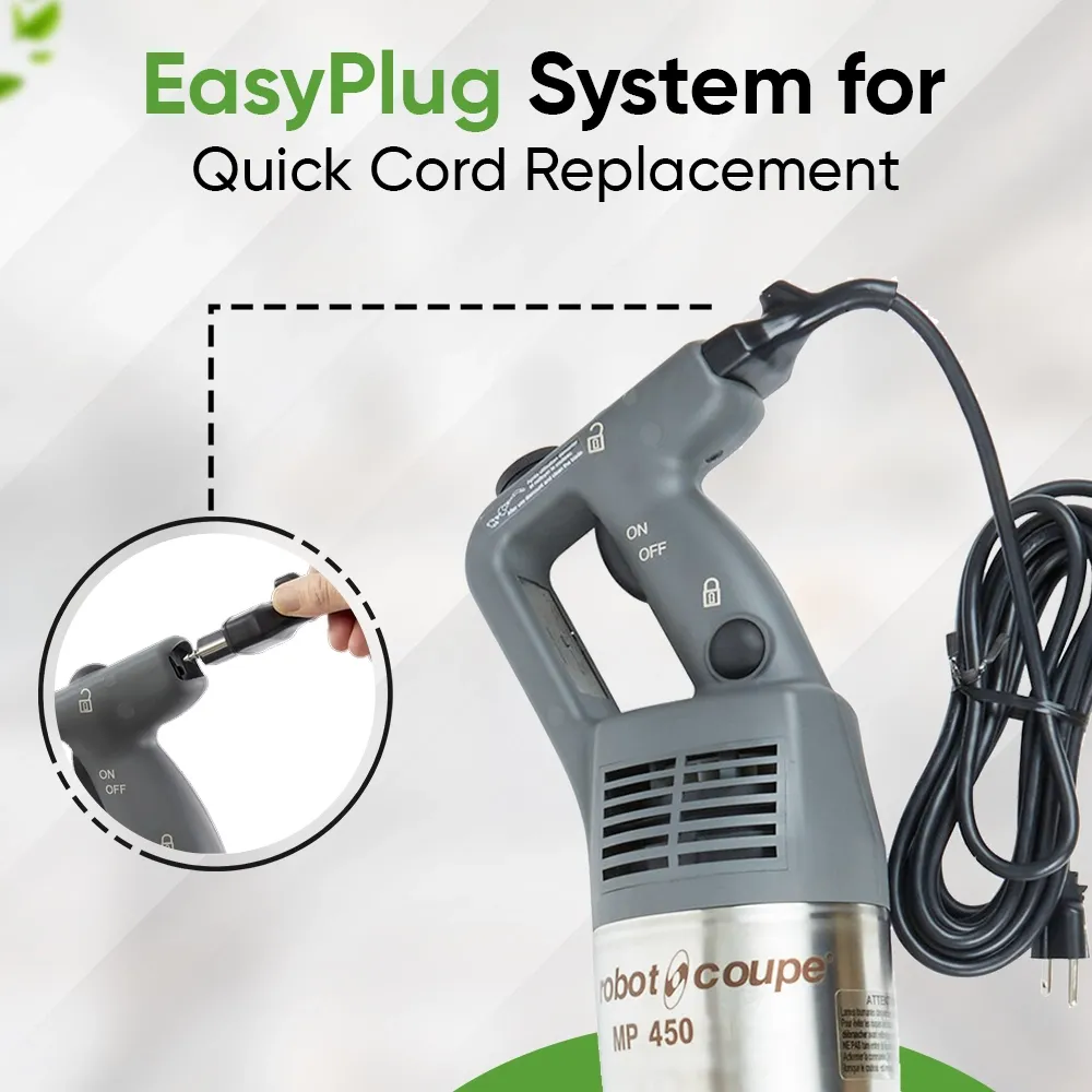 Robot Coupe variable speed immersion blender with stainless whisk for efficient emulsifying, mixing, and blending in commercial kitchens.