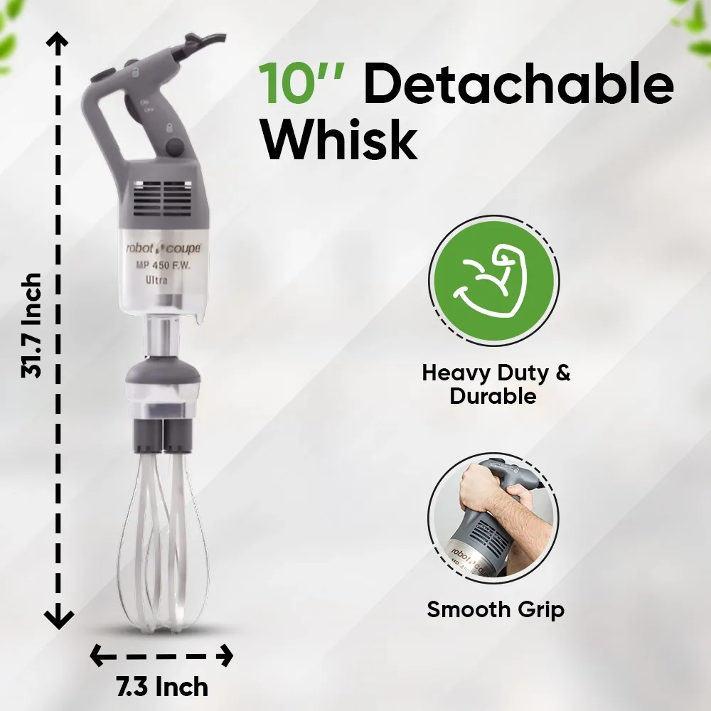 Robot Coupe variable speed immersion blender with stainless whisk for efficient emulsifying, mixing, and blending in commercial kitchens.