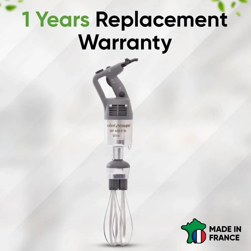 Robot Coupe variable speed immersion blender with stainless whisk for efficient emulsifying, mixing, and blending in commercial kitchens.