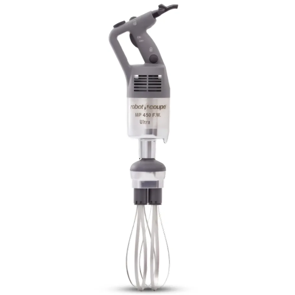 Robot Coupe variable speed immersion blender with stainless whisk for efficient emulsifying, mixing, and blending in commercial kitchens.
