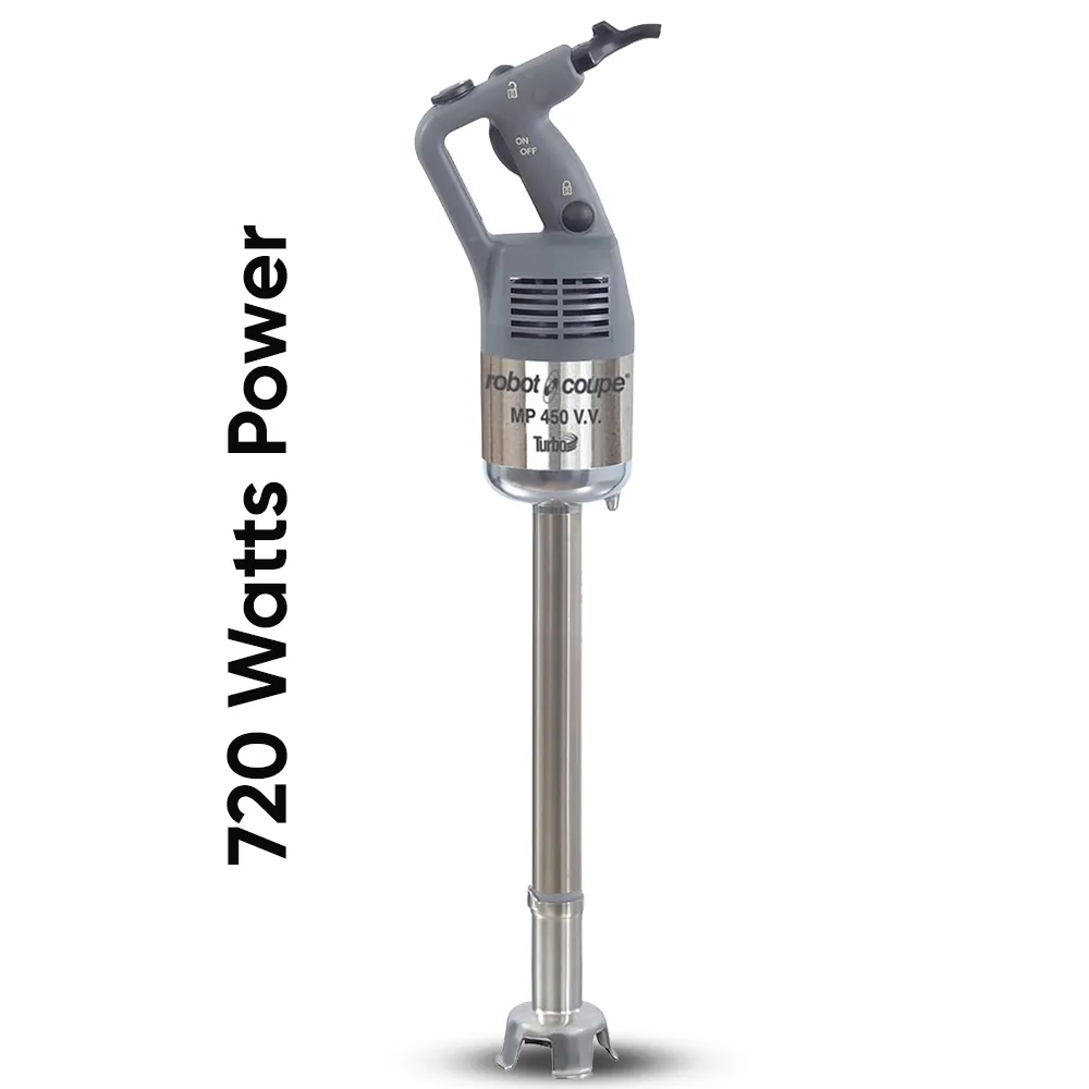 Robot Coupe VV variable speed immersion blender for precise blending control of soups, purees, and sauces in professional kitchen settings.