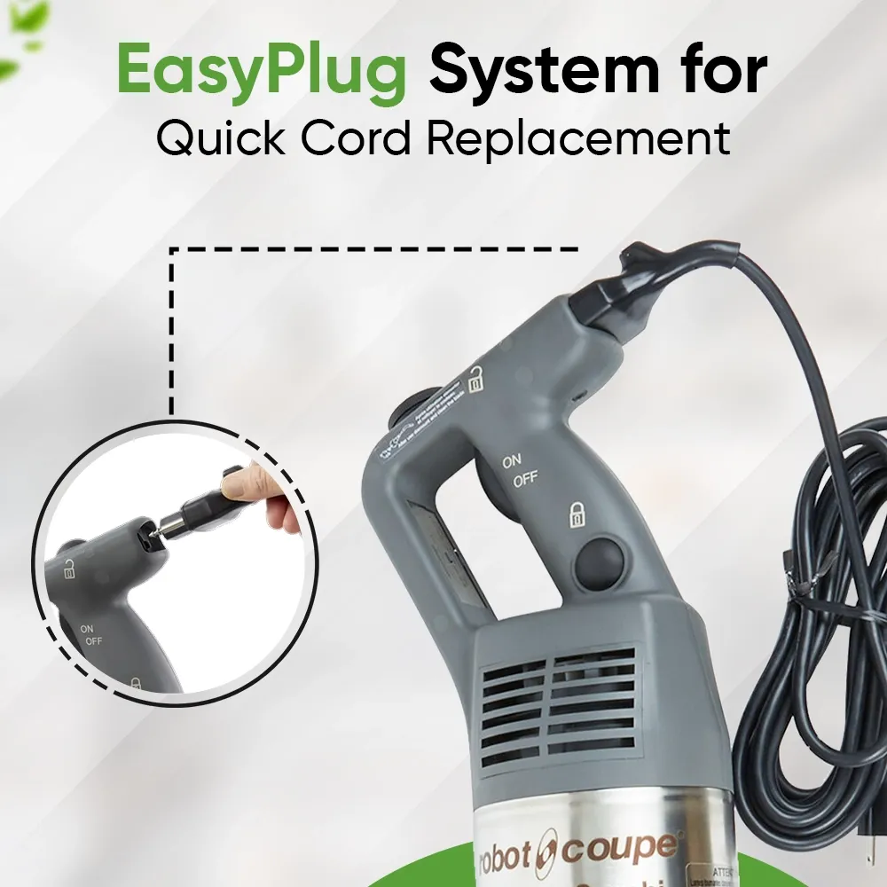 Robot Coupe VV variable speed immersion blender for precise blending control of soups, purees, and sauces in professional kitchen settings.