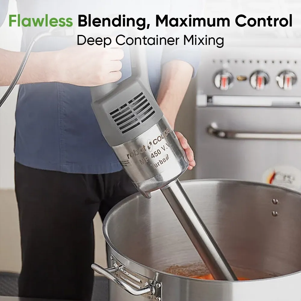 Robot Coupe VV variable speed immersion blender for precise blending control of soups, purees, and sauces in professional kitchen settings.