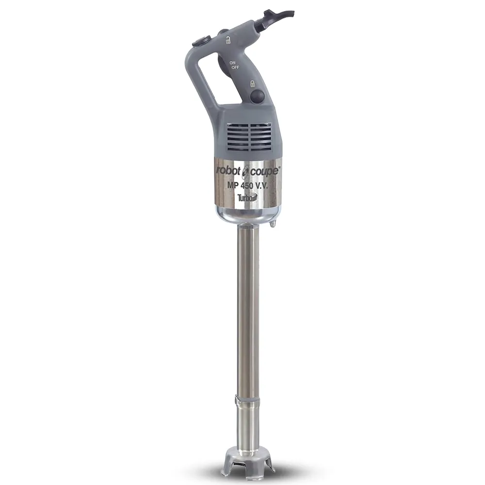 Robot Coupe VV variable speed immersion blender for precise blending control of soups, purees, and sauces in professional kitchen settings.