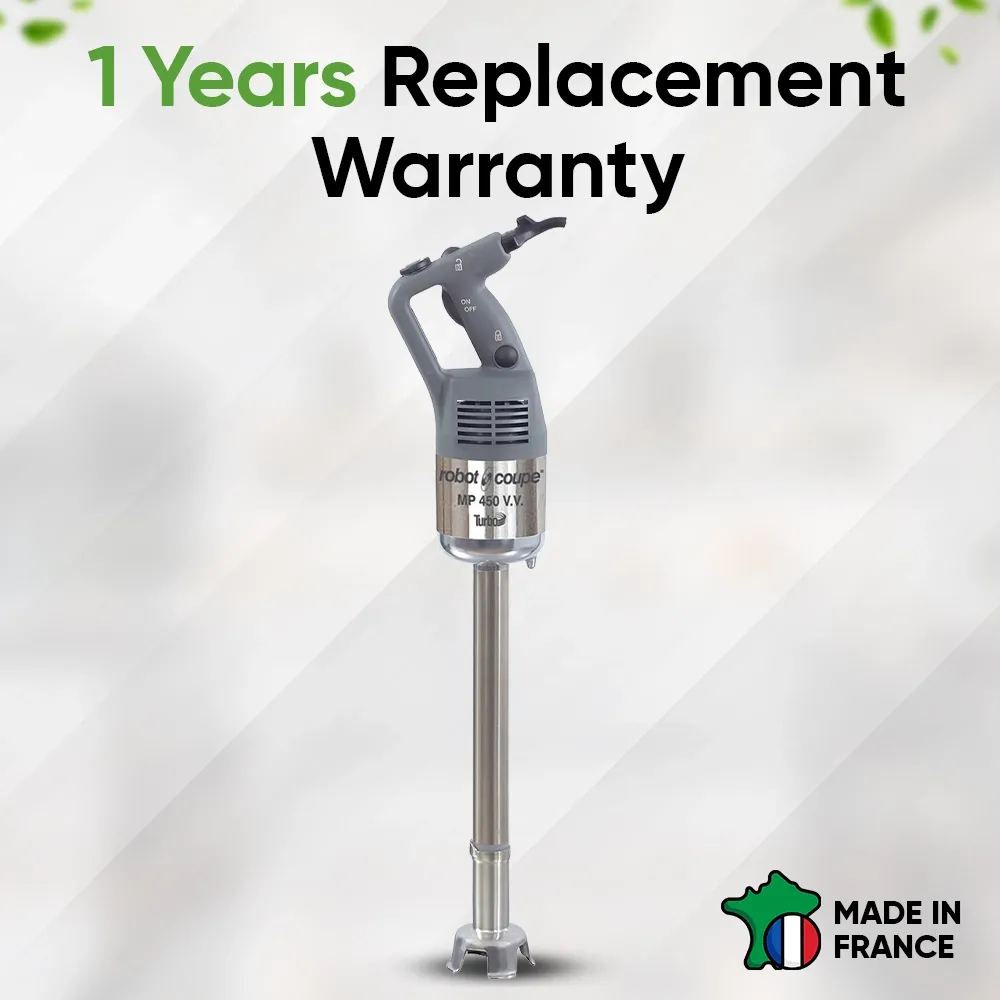 Robot Coupe VV variable speed immersion blender for precise blending control of soups, purees, and sauces in professional kitchen settings.