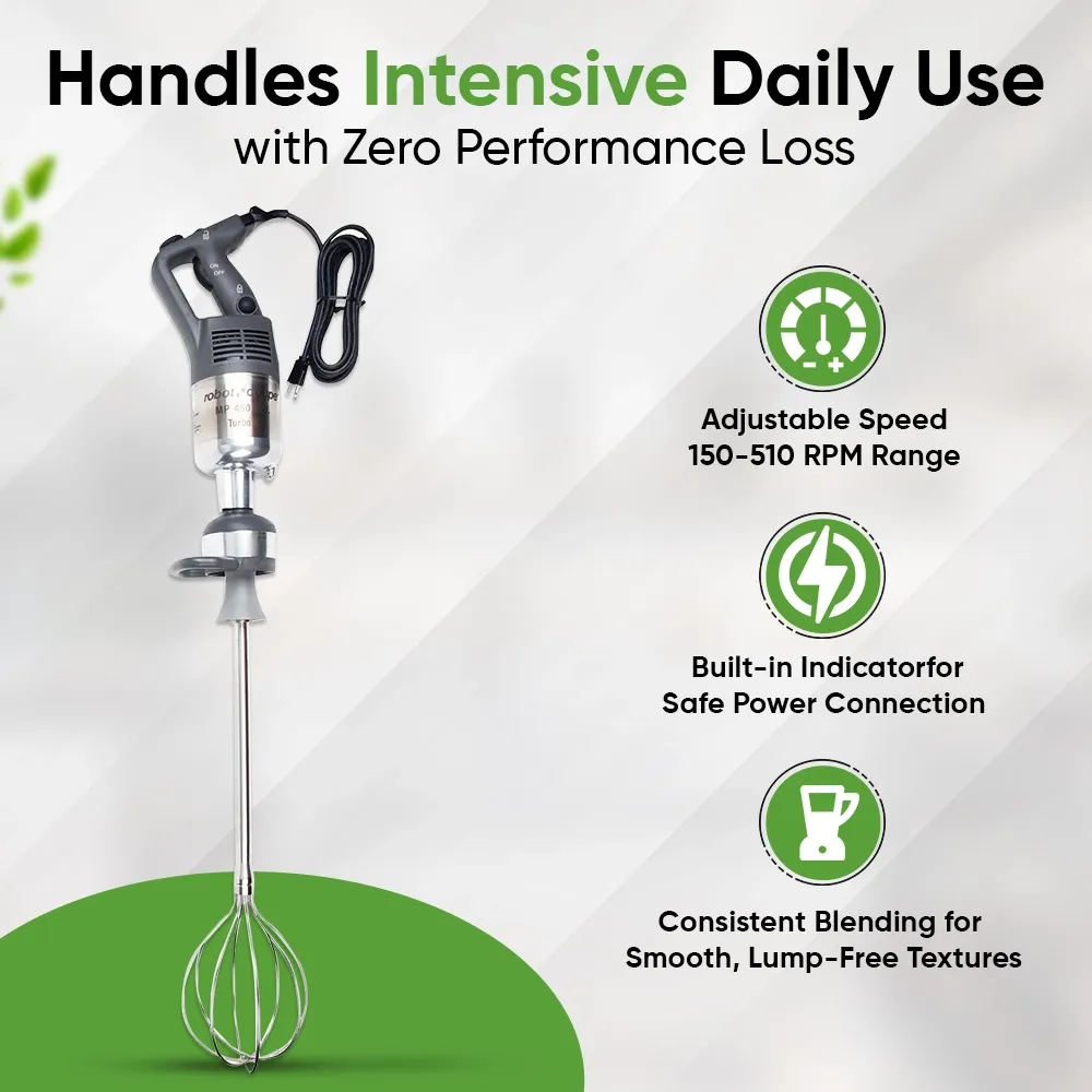 Robot Coupe heavy-duty immersion blender with variable speed, long whisk, and powerful motor for soups, sauces, and purees in pro kitchens.