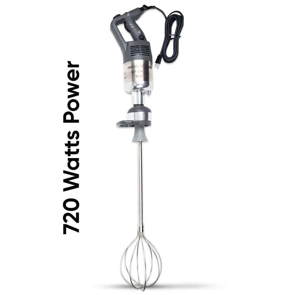 Robot Coupe heavy-duty immersion blender with variable speed, long whisk, and powerful motor for soups, sauces, and purees in pro kitchens.