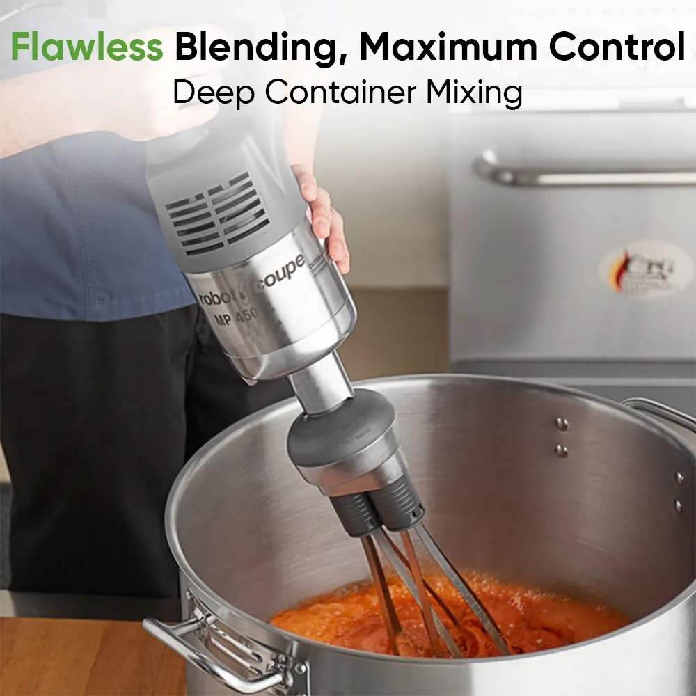Robot Coupe heavy-duty immersion blender with variable speed, long whisk, and powerful motor for soups, sauces, and purees in pro kitchens.
