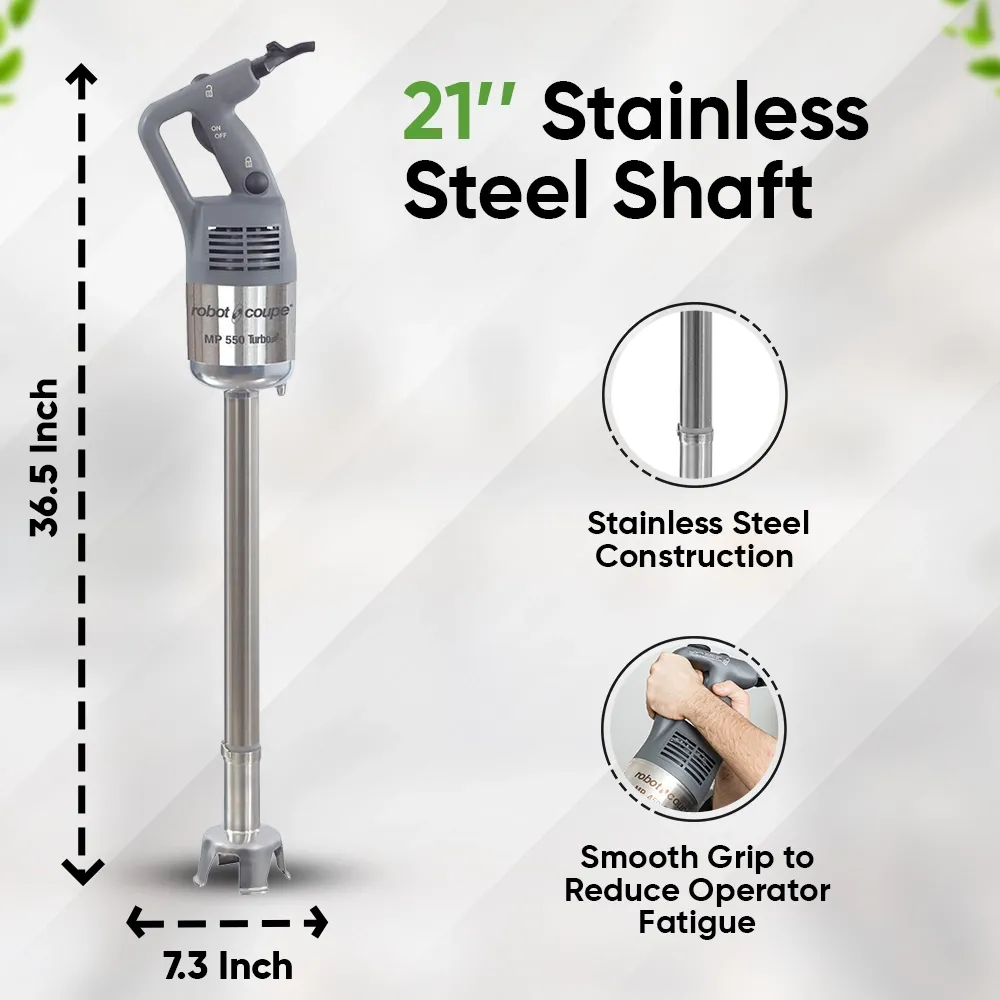 Robot Coupe high-performance stainless immersion blender for powerful blending of soups, sauces, and purees in restaurants and kitchens.