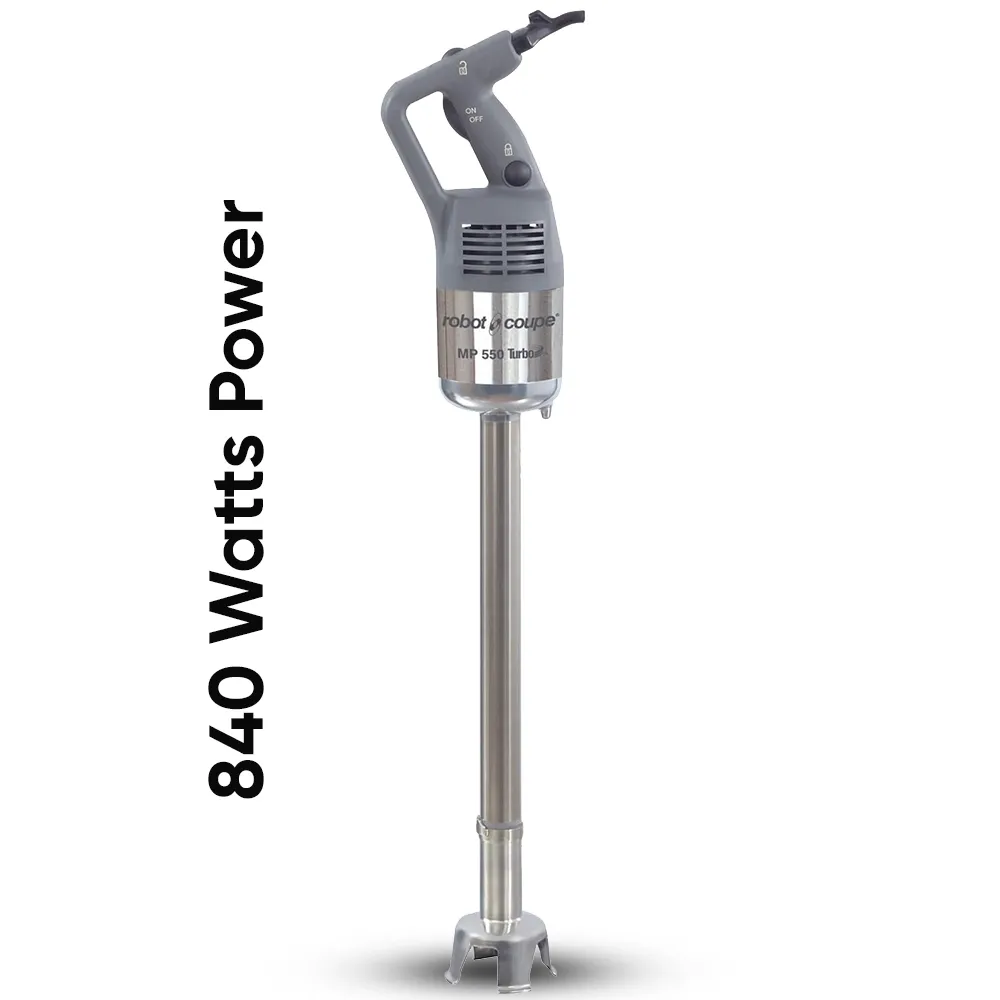 Robot Coupe high-performance stainless immersion blender for powerful blending of soups, sauces, and purees in restaurants and kitchens.