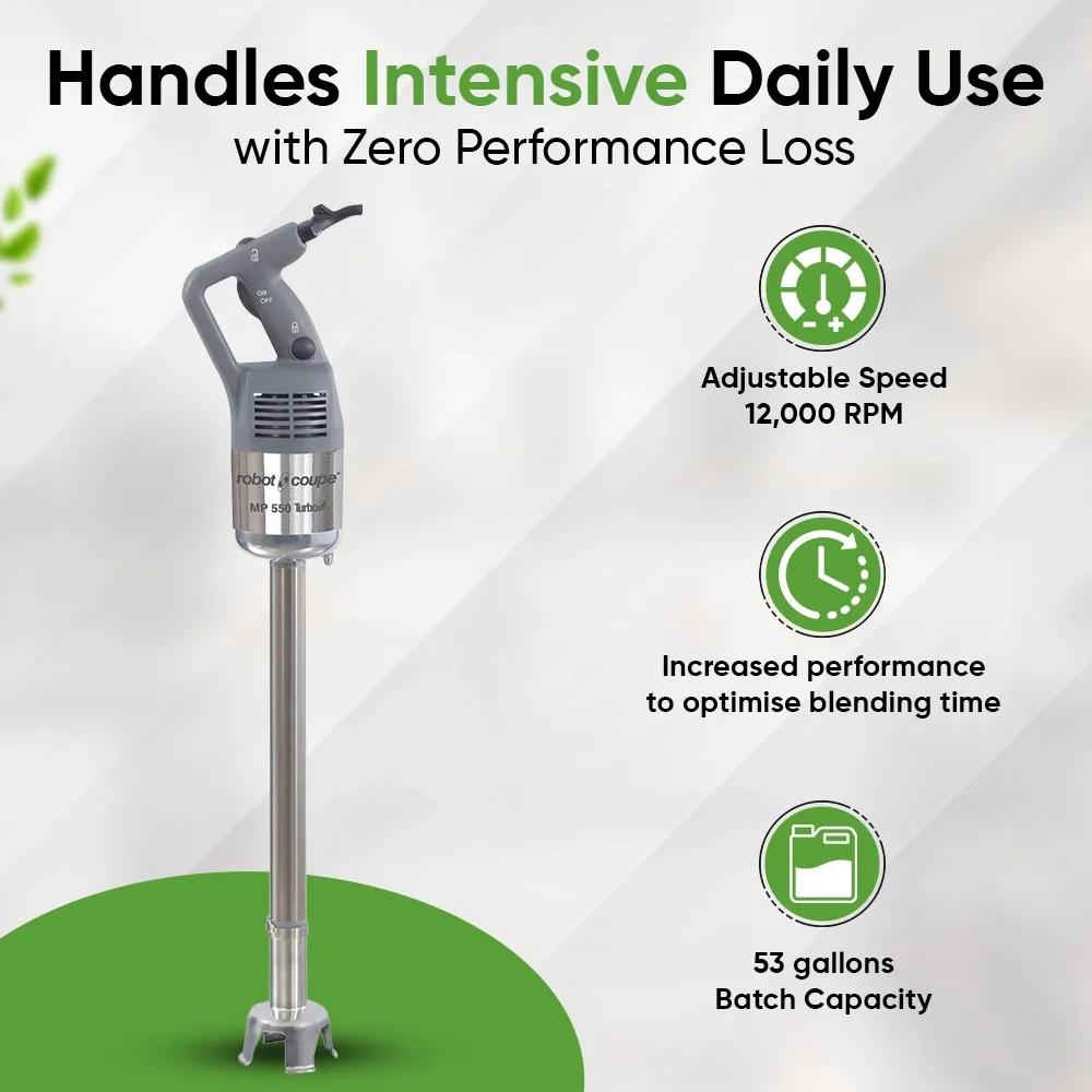 Robot Coupe high-performance stainless immersion blender for powerful blending of soups, sauces, and purees in restaurants and kitchens.