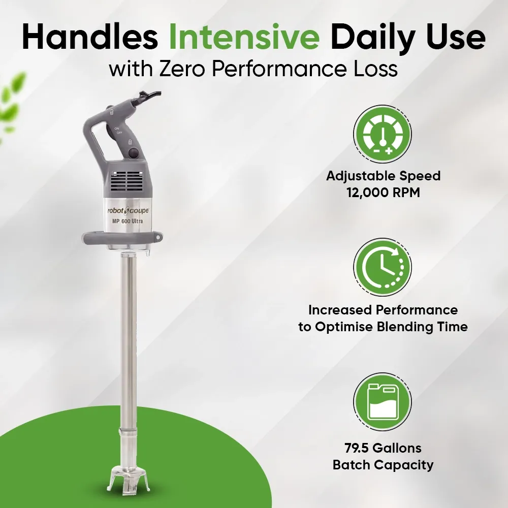 Robot Coupe single speed immersion blender with 24 cm shaft for blending soups, purees, smoothies, and sauces in busy commercial kitchens.