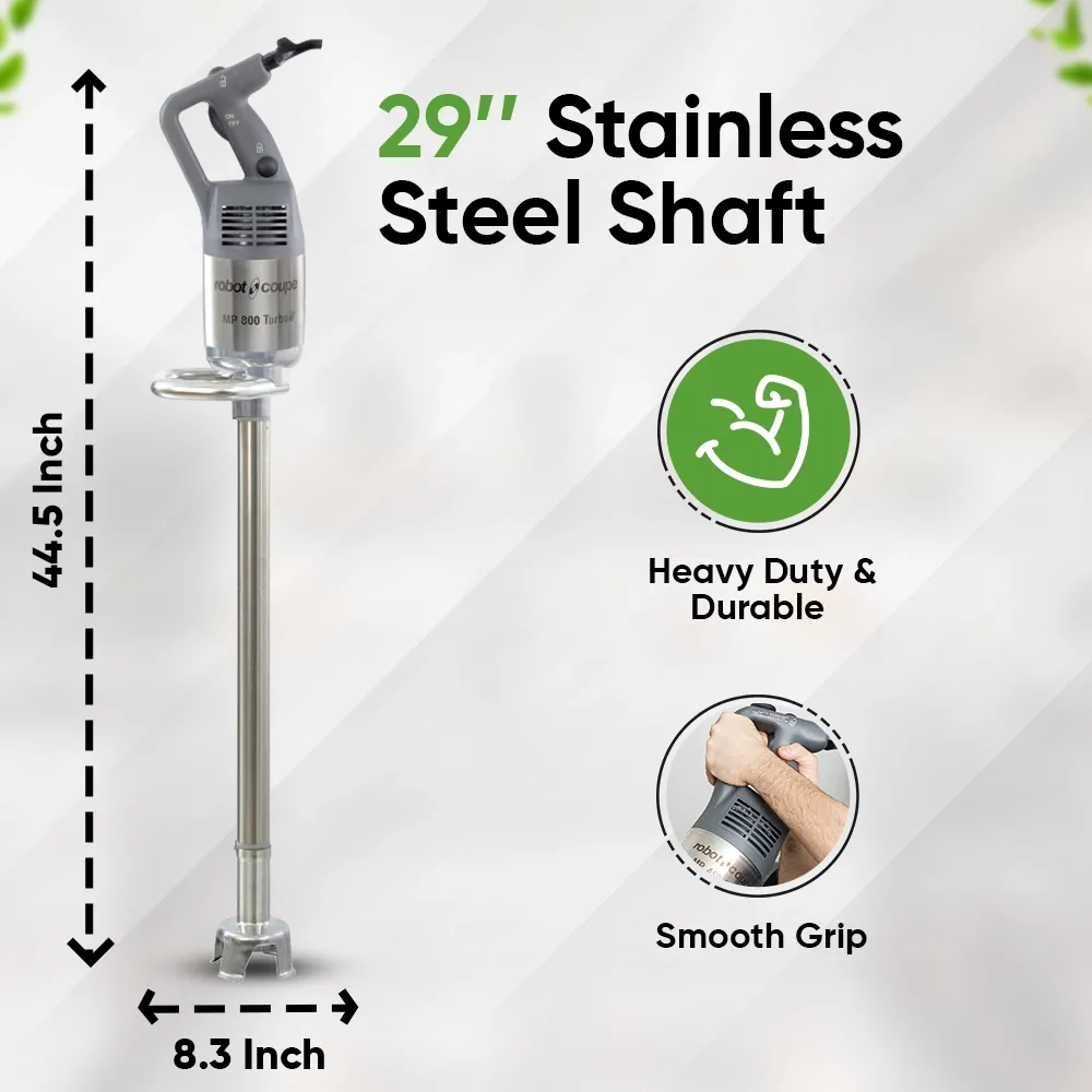 Robot Coupe single speed immersion blender with extra-long shaft and high torque for rapid blending in catering and commercial kitchens.