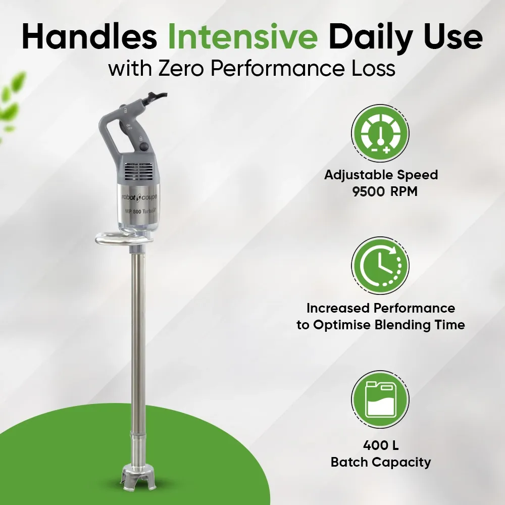 Robot Coupe single speed immersion blender with extra-long shaft and high torque for rapid blending in catering and commercial kitchens.