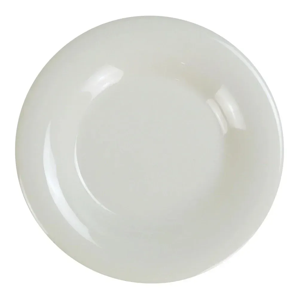 Yanco China elegant ivory wide rim round melamine plate offers refined alternative to stark white, with soft tone enhancing casual and formal dining.
