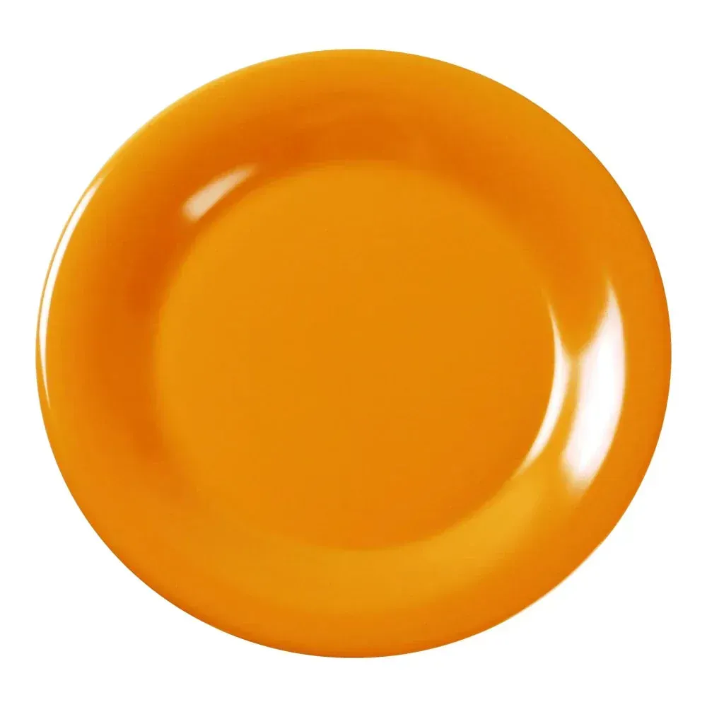 Yanco China lemon yellow wide rim round melamine plate brightens dessert and tea service, with vibrant color resistant to repeated washing.