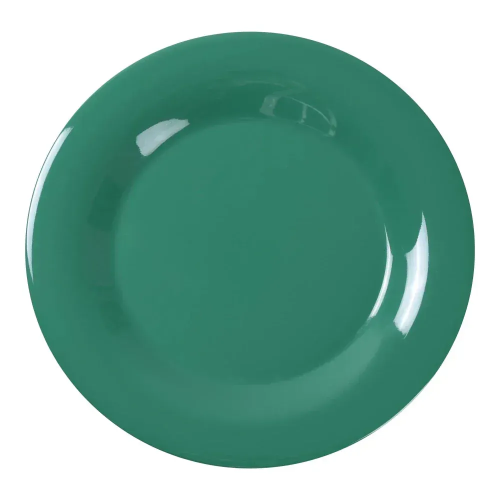 Yanco China natural green wide rim melamine plate pairs with fresh salads, offering break-resistant reliability for catering.