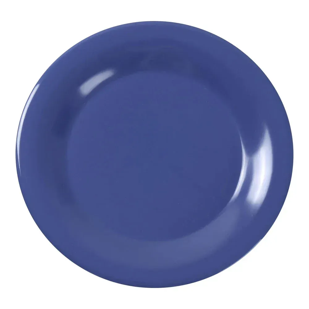 Yanco China ocean blue wide rim melamine plate, coastal-inspired design perfect for seafood or nautical dishes; durable scratch-resistant finish.