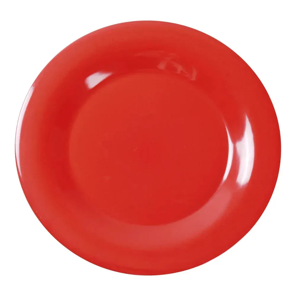 Yanco China bold orange-red wide rim round melamine plate, energizing presentations with vibrant hue, perfect for spicy cuisines and festive dining.