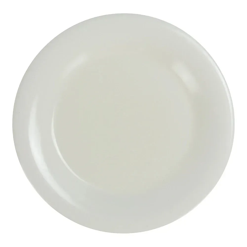 Yanco China ivory melamine round plate with wide rim, featured in the Milestone line, offering a subtle and refined option for serving meals.
