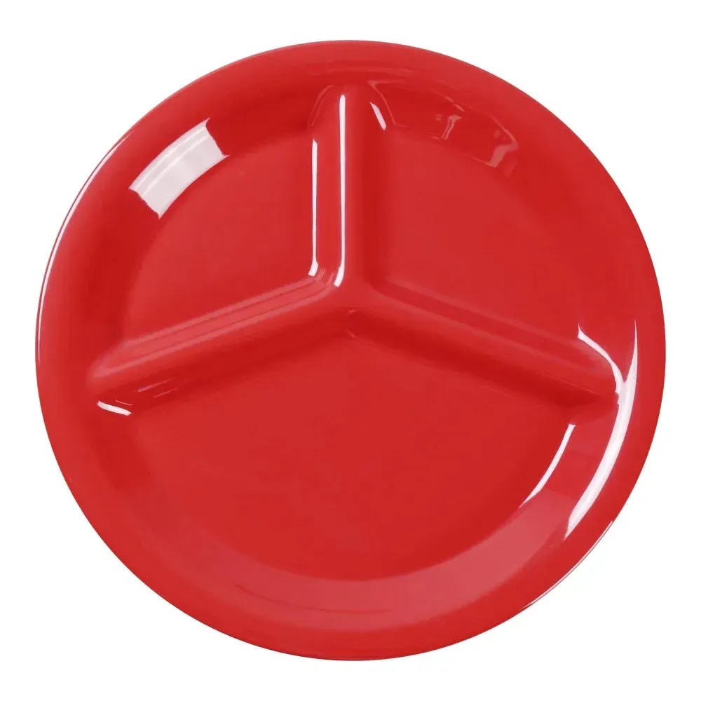 Yanco China orange-red melamine three-compartment plate brightens table settings while keeping portions organized for casual dining or buffet service.