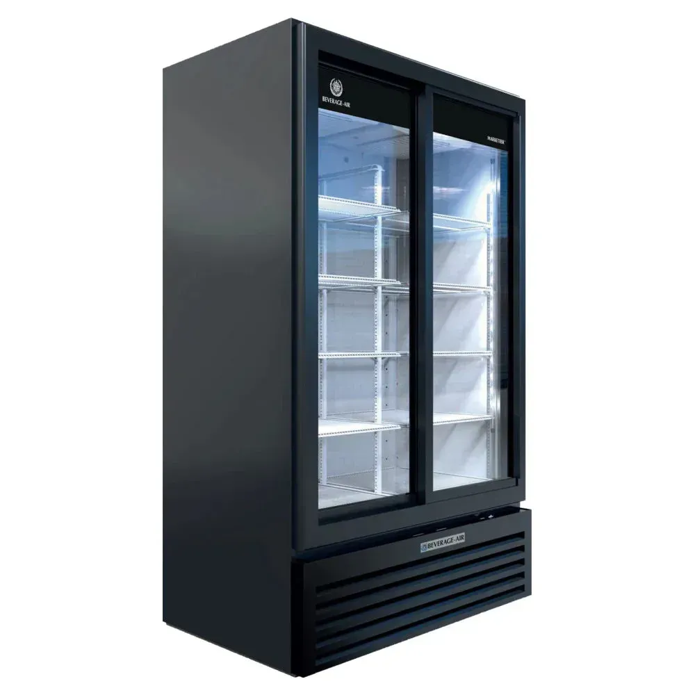 Beverage-Air sliding glass door merchandiser with LED-lit interior, black exterior, space-saving refrigerated showcase for drinks.