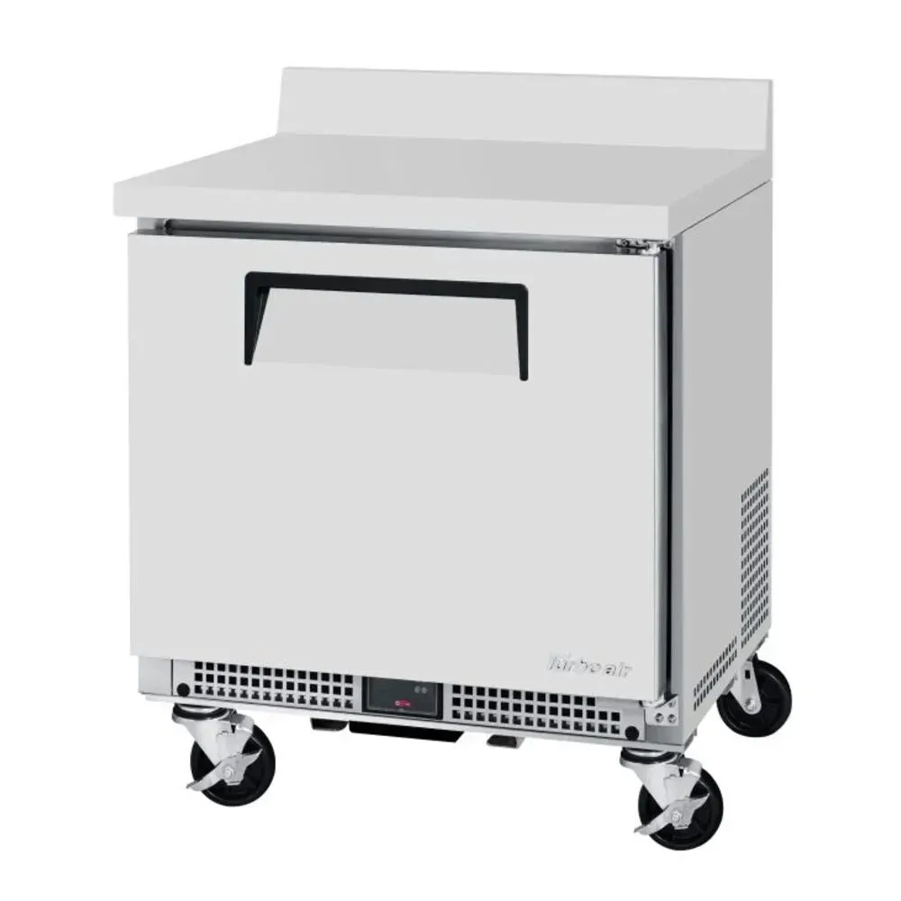 Super deluxe worktop refrigerator from Turbo Air with a shallow depth and wheels, built for tight kitchen spaces and commercial durability.