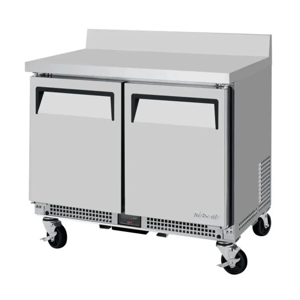 Super deluxe worktop refrigerator by Turbo Air with a shallow depth and wheels, providing a space saving design and front access cooling.