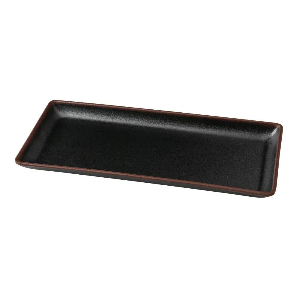 Yanco China black melamine small rectangular dinner plate for sides, starters, or small portions, adding elegance to any dining service.